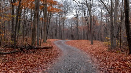 Obraz premium A winding path through an autumn forest, covered in fallen leaves of red and orange, leading to the horizon
