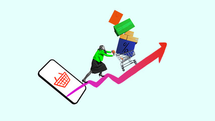 Contemporary art collage. Woman pushing shopping cart with boxes on upward arrow flows from mobile phone. Market growth. Concept of technological progress, e-commerce, shopping, remote. Ad