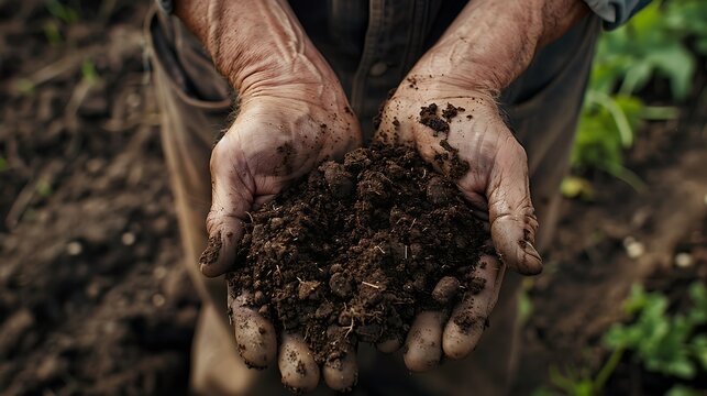 Farmer hands holding soil for planting in the garden