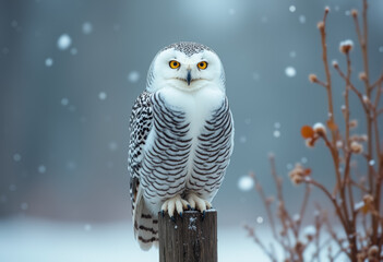 An owl perched on a post in a snowy landscape.