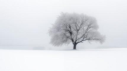 Single Frost-Covered Tree in Foggy Winter Field, Capturing the Essence of Quiet Solitude | AI Created
