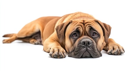 Obraz premium A relaxed dog lying down with a gentle expression on a white background.