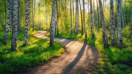 Fototapeta premium A serene forest path illuminated by sunlight through birch trees, inviting exploration and tranquility.