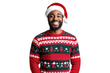 Smiling African American man wearing Christmas sweater and Santa hat isolated on a transparent background