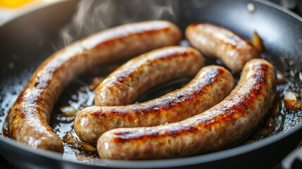 Sizzling Chipolata Sausages in a Frying Pan