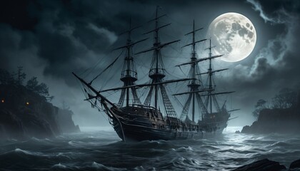 Obraz premium ghost ship in the night sea