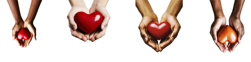 Obraz premium Diverse hands hold colorful hearts. Set of png on transparent background