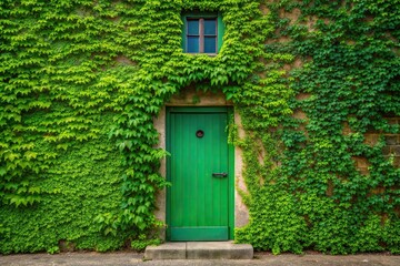 Green door on building with vines and window