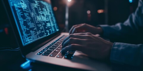 Minimalist image of a programmer coding on laptop with ai diagrams against dark background
