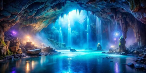 Fototapeta premium A Serene Oasis Hidden Within a Cave, Where Crystal-Clear Waters Cascade Down Through the Dark, Illuminating the Pool Below with Magical Light