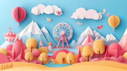 A colorful paper-cut landscape featuring mountains, a ferris wheel, and hot air balloons.