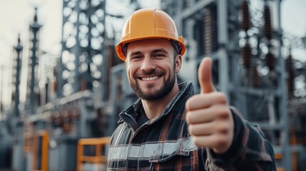 A smiling electrician gives a thumbs up at an electrical substation during the day, wearing a hard hat and plaid shirt in a well-maintained industrial setting