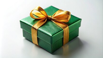 Obraz premium green gift box with golden ribbon on white background Macro