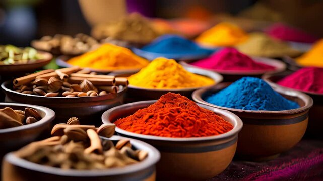 Vibrant display of spices at a local market showcasing varieties and colors in India