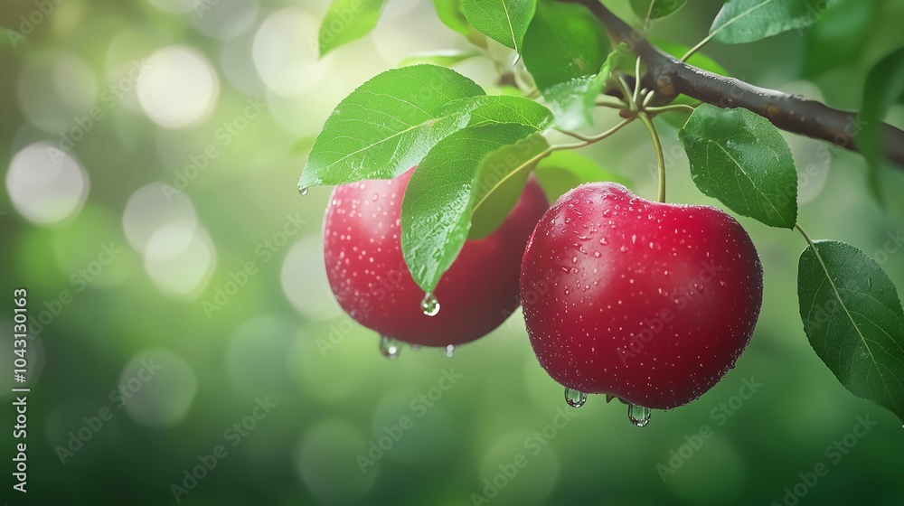 Wall mural Two fresh, ripe red apples hanging on the branch, green leaves and water droplets on them
