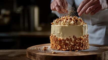 A chef decorates a cake with nuts and sprinkles, showcasing dessert preparation.