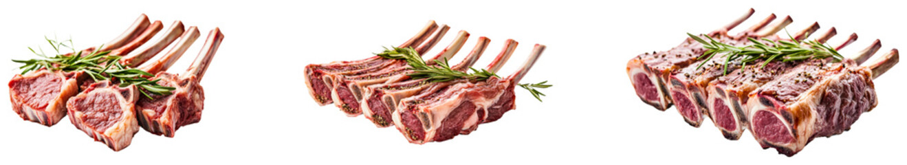 Fototapeta premium Freshly cut rack of lamb showcased. Set of png on transparent background