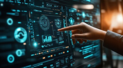 Obraz premium Cybersecurity Analyst Interacting with Digital Interface