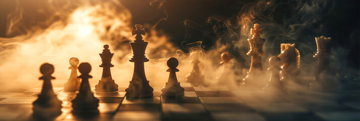A Dramatic Chess Game Unfolds Under Atmospheric Backlighting and Swirling Smoke