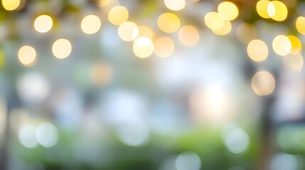 Obraz premium Festive Bokeh Lights Abstract Nature Background with Blurred Golden Glow. Magical Sparkling Shiny Glowing Lights in Defocused Dreamy Landscape. Seasonal Holiday