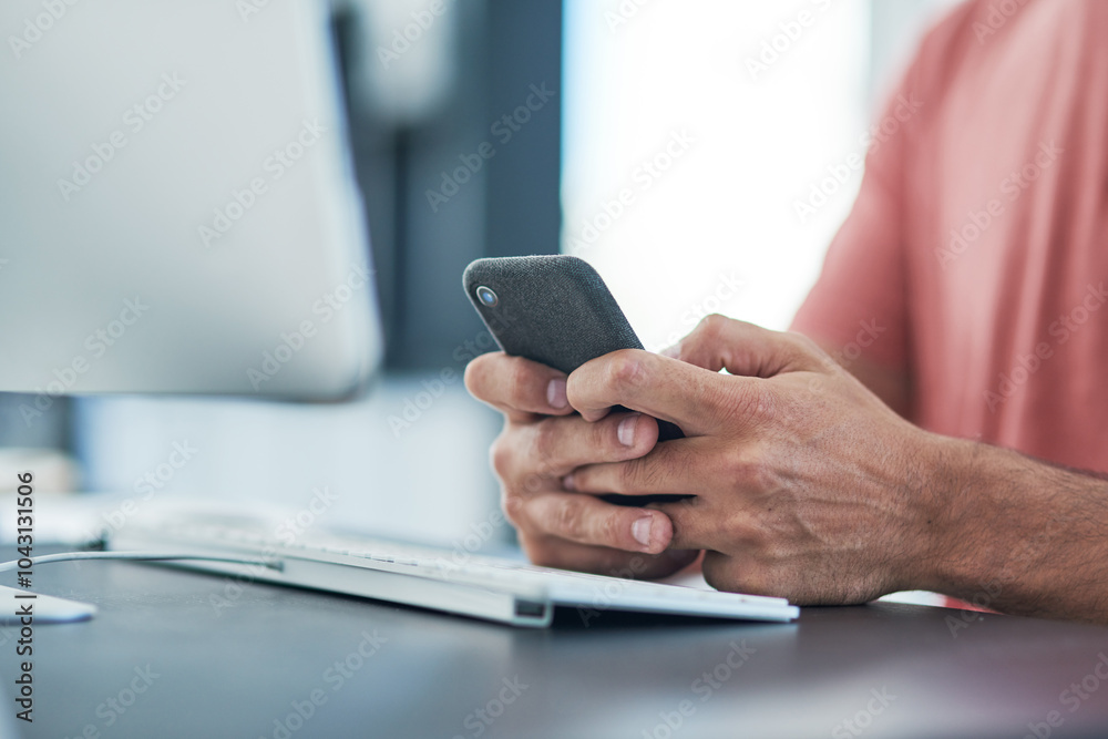 Poster Hands, phone and scroll in office at startup for contact, texting or communication at media company. Person, journalist and smartphone with click on mobile app, chat or networking at creative agency