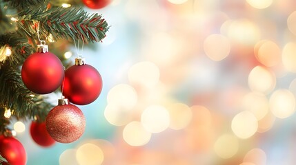 Vibrant red,green,and gold Christmas ornaments hanging on the branches of a lush evergreen tree,with a glowing,out-of-focus bokeh backdrop creating a warm,cozy,and celebratory atmosphere.