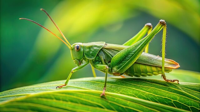 Green grasshopper or Acrida cinerea perched on a leaf shot with wide-angle lens