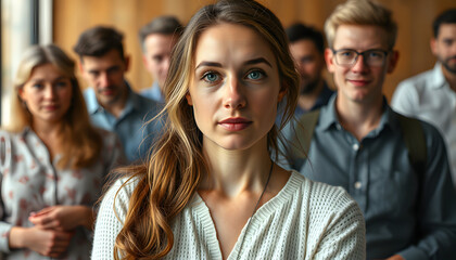 Obraz premium young caucasian lady is the member of anonymous club of alcoholics, she came to get help and support. group of people in the background. alcohol, help, despair, pychologist, therapy concept isolated