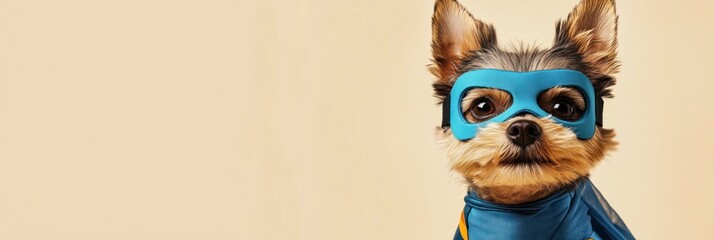 Fototapeta premium A small dog dressed as a superhero, wearing a blue mask and cape, posing for a fun photo.