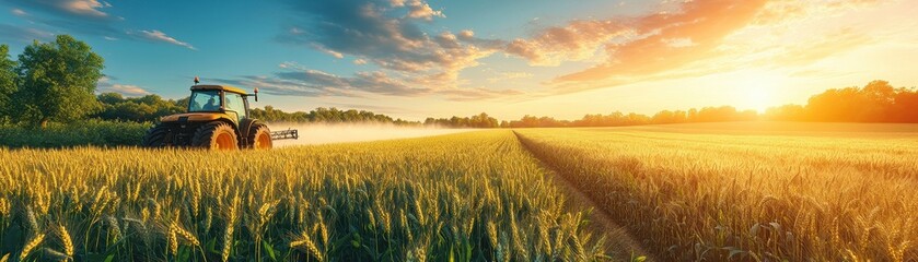 Fototapeta premium Sunset Over Golden Wheat Field with Tractor Spraying Crops Under a Vibrant Sky in Rural Countryside