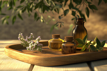 Herbal poultices and natural oils on a wooden tray, traditional healing, 3D illustration