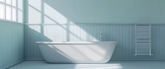Fototapeta premium Spacious Sunlit Bathroom with Minimalist Decor: Dream Home and Bathtub Design