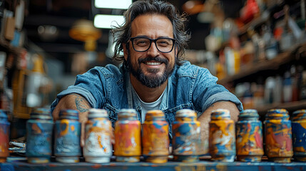 Obraz premium Close up portrait of a joyful artist in his creative studio