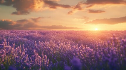 Fototapeta premium Endless lavender field under the soft, golden light of dawn, creating a dreamy scene filled with peaceful beauty