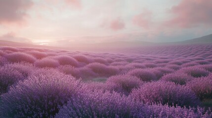 Obraz premium Lavender fields stretching into the distance, bathed in soft, ethereal light, creating a magical and serene landscape