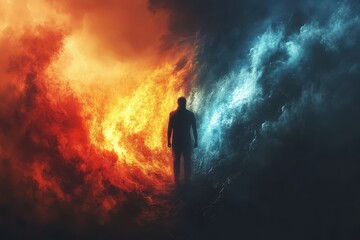 Obraz premium A man stands in the middle of a fiery red and blue ocean