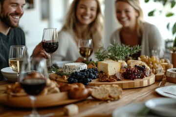 A group of people are sitting around a table with a variety of food and drinks © Worawee