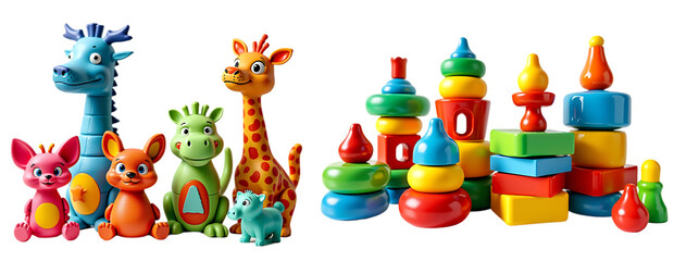 Fototapeta premium Colorful Animal Toys and Building Blocks for Kids Play isolated on a white background