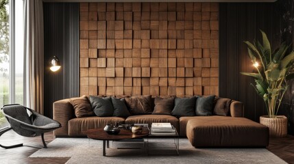Fototapeta premium Modern living room with a brown leather sofa, wooden wall, coffee table, and a plant in a pot.