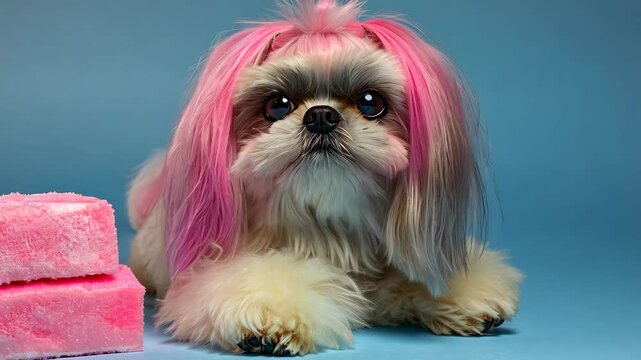 A small dog with pink hair sits on a blue background, looking directly at the camera, next to two pink, fluffy objects
