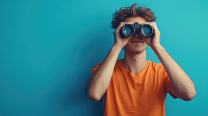 A man in an orange shirt is looking through binoculars. Concept of curiosity and adventure, as the man is exploring the world around him with his binoculars