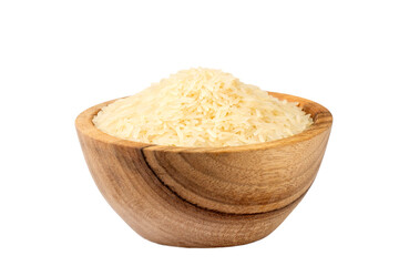 Rice in a wooden bowl on a white background