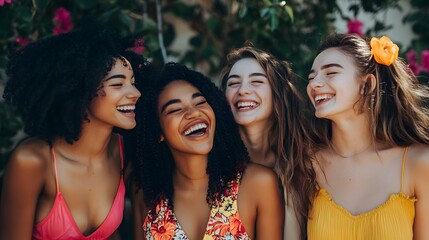 Fototapeta premium Optimistic cheery young women multiracial friends. 