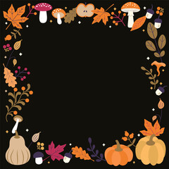 Fototapeta premium Autumn-Themed Square Frame with Colorful Leaves, Pumpkins, Acorns and Mushrooms. Perfect for seasonal designs