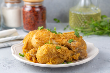 Fried Chicken Drumsticks - Crispy grilled chicken thighs and sauce