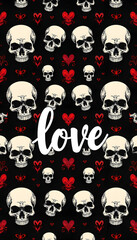 seamless patterns with skulls and calligraphic text - love isolated with white highlights, png