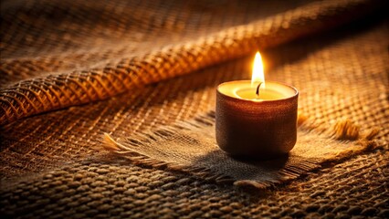 A solitary candle, with a warm golden glow, illuminates a textured backdrop of woven fabric, casting a soft and inviting ambience.