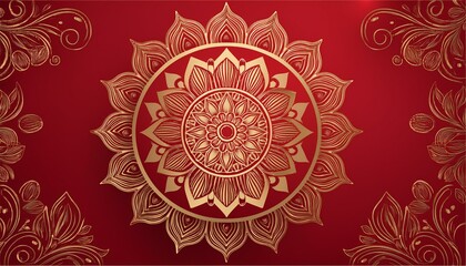 Luxurious red background with a detailed gold mandala and floral design, perfect for elegant invitations, event branding, or luxury decor