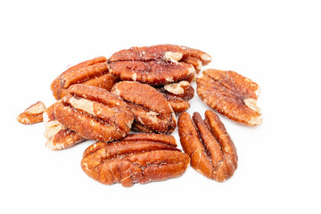 Pecan nuts in air on white background