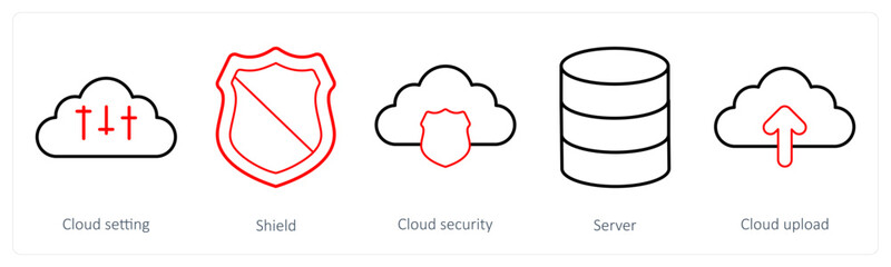 A set of 5 big data icons as cloud setting, shield, cloud security, server